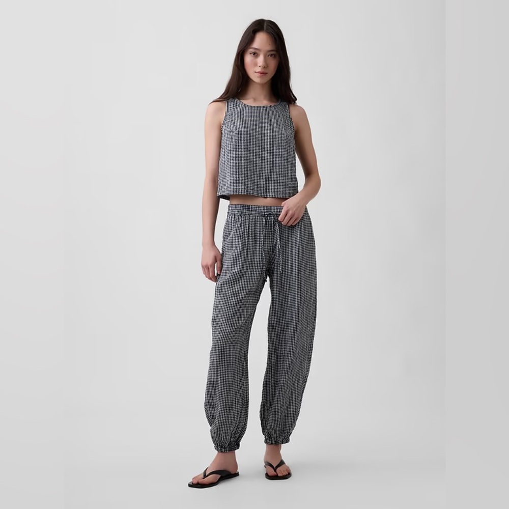 NEW! GAP Black Gingham Cotton Gauze Easy Joggers - Size Medium Tall 🖤